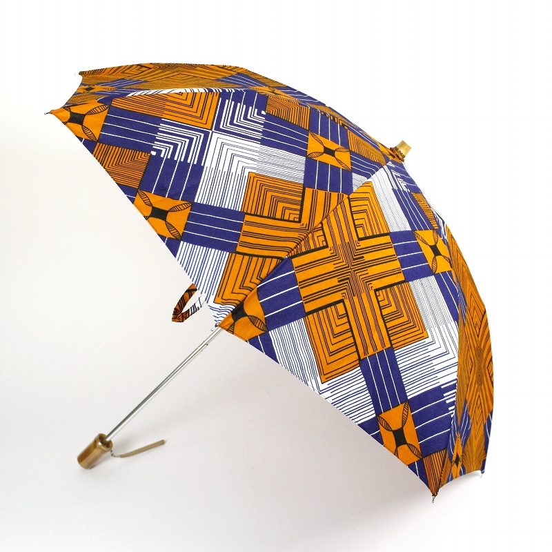 パーニュ傘折りたたみ 竹取手 青オレンジチェック