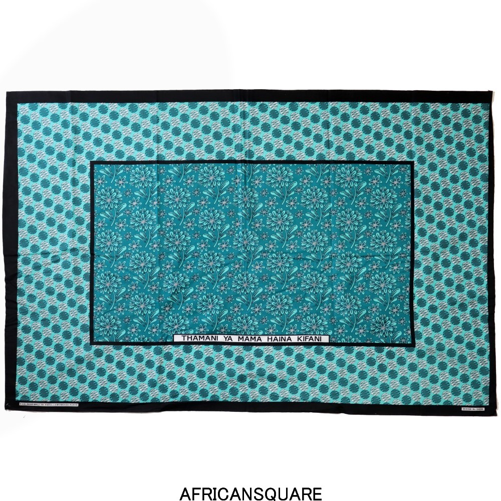 カンガ ケニア フチ縫い THAMANI YA MAMA HAINA KIFANI ターコイズ