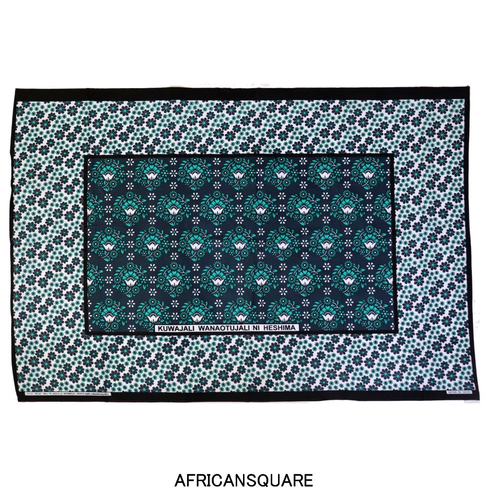 カンガ ケニア フチ縫い KUWAJALI WANAOTUJALI NI HESHIMA ターコイズ