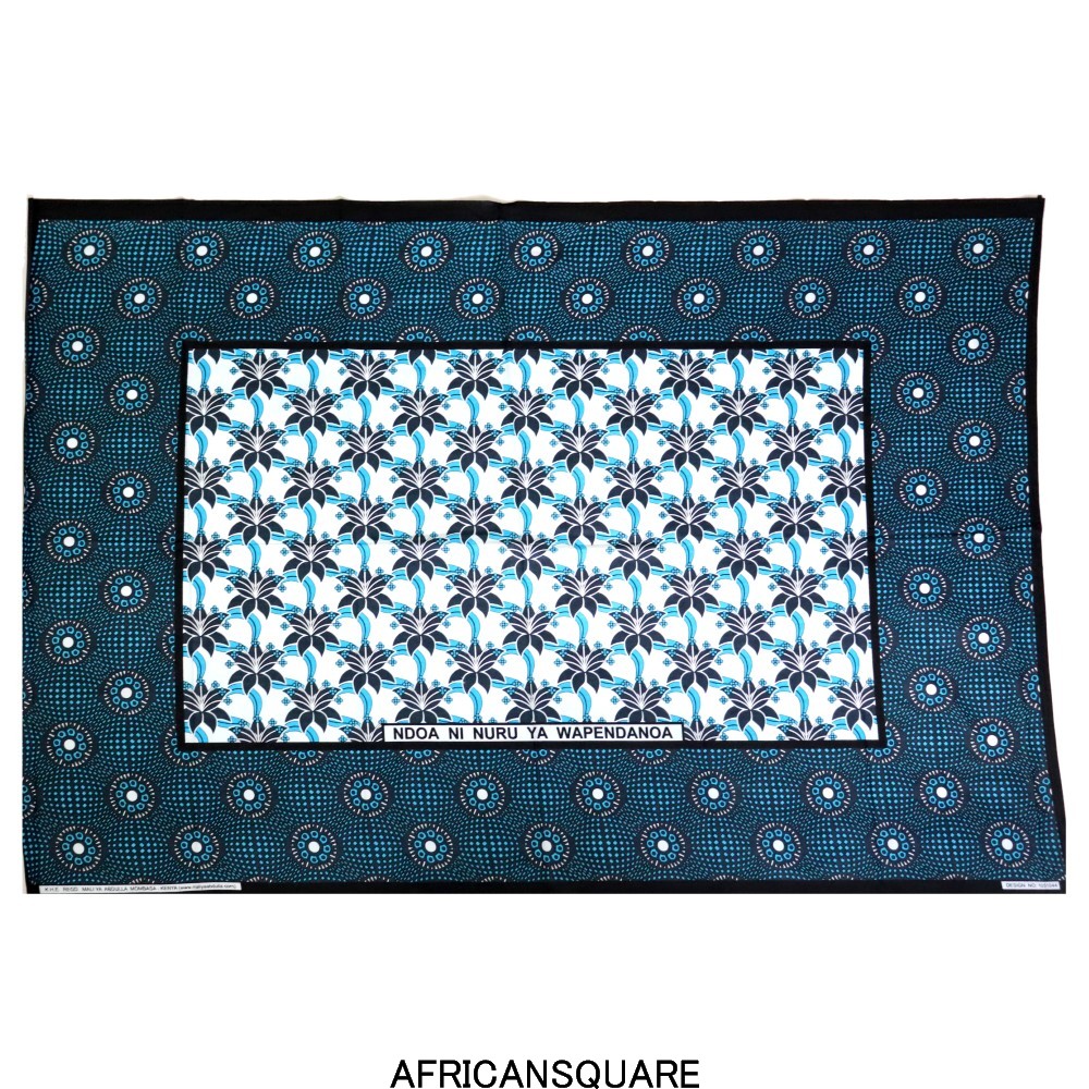 カンガ ケニア フチ縫い NDOA NI NURU YA WAPENDANOA 青