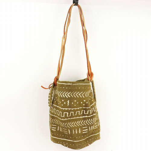 泥染筒型バッグ中細革2本ストラップ黄模様