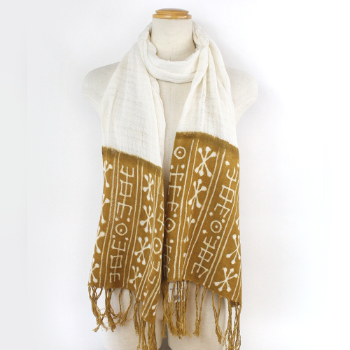 泥染めショール両端染ざっくり小黄色