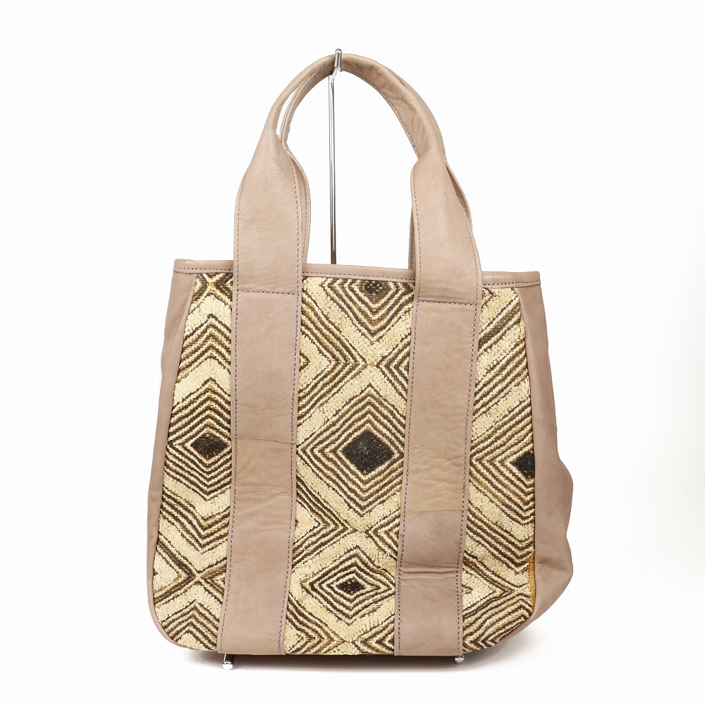 クバ布トートバッグ ぐるり革ハンドル 40cm ナチュラル 一点物