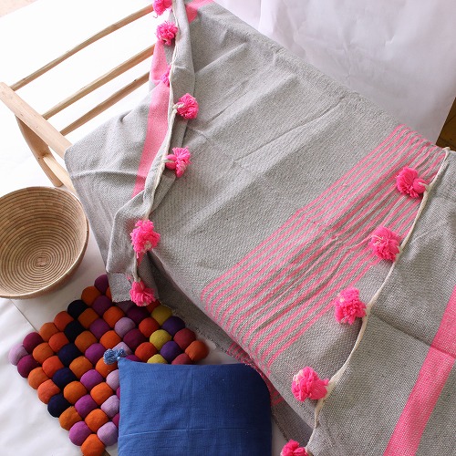 コットンx羊毛ブランケット 150x220 グレーxピンク 一点もの