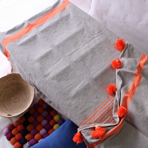 コットンx羊毛ブランケット 150x220 グレーxオレンジ 一点もの