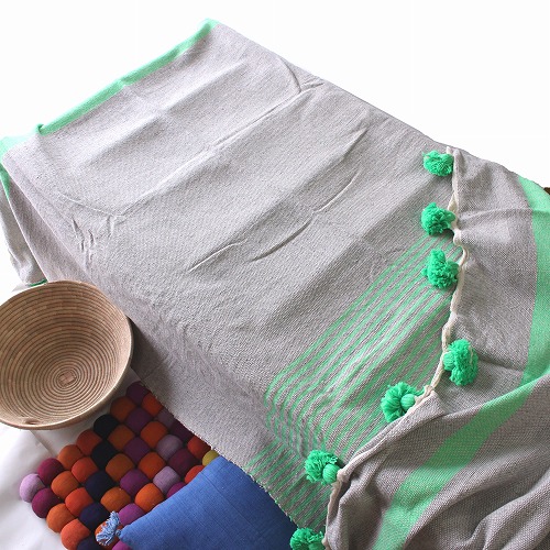 コットンx羊毛ブランケット 150x220 グレーx黄緑 一点もの