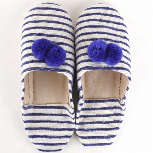 ポンポン付織物バブーシュ 青