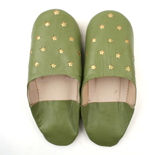 星型抜きバブーシュ 39 グリーンティxゴールド星