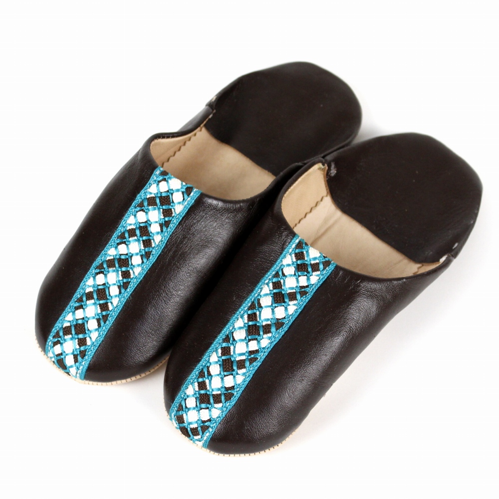 バブーシュ 中央リボン 黒x黒xターコイズ