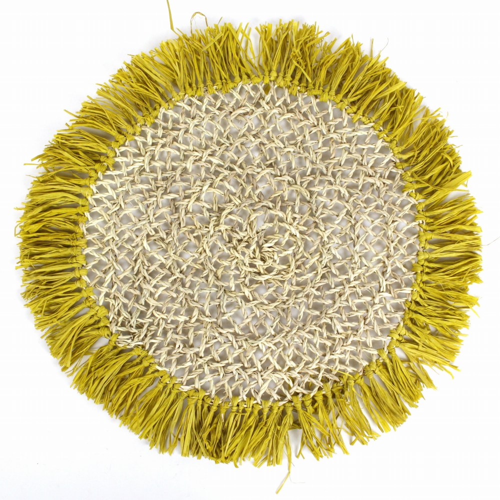 タザまんまる透かし編み ランチョンマット ラフィアフリンジ付き 黄 24SS一点物 @6500→5200