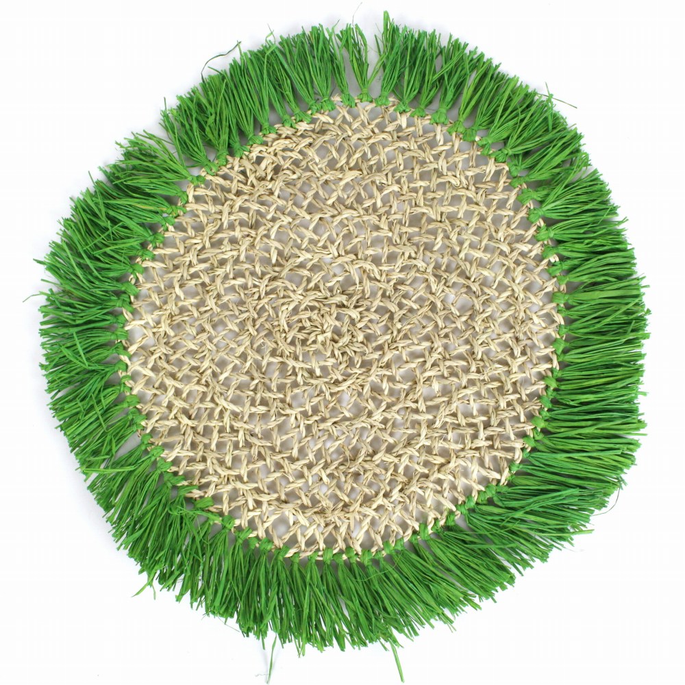 タザまんまる透かし編み ランチョンマット ラフィアフリンジ付き 黄緑 24SS一点物 @6500→5200