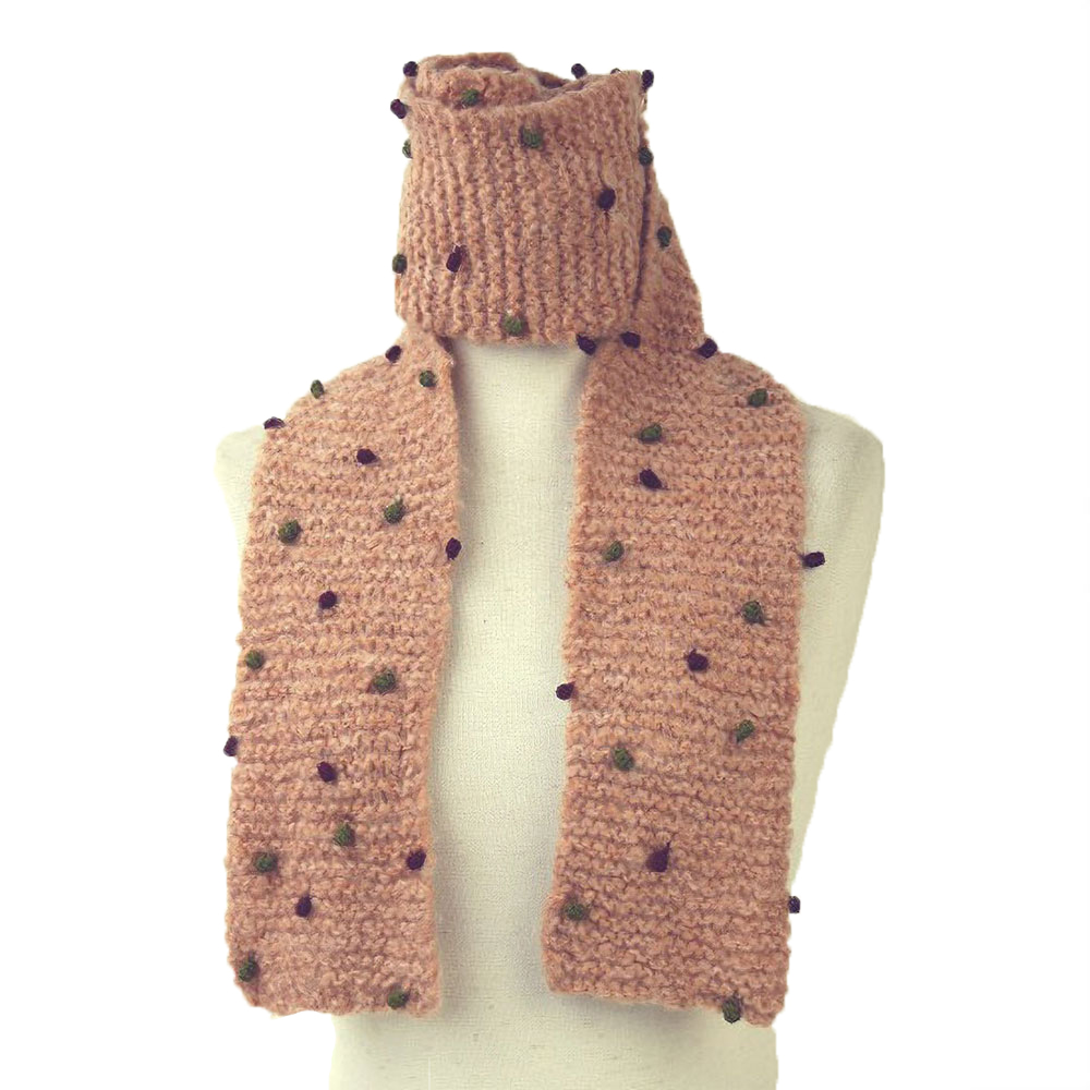 ウール水玉カフス付きマフラー サーモン