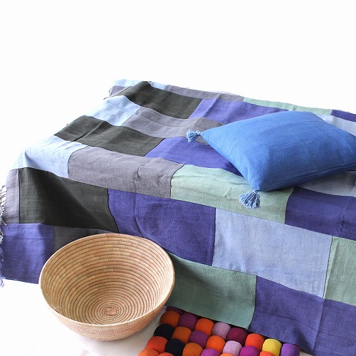 MAAM SAMBA コットンマルチカバー パッチワーク 150x190 青系 一点もの