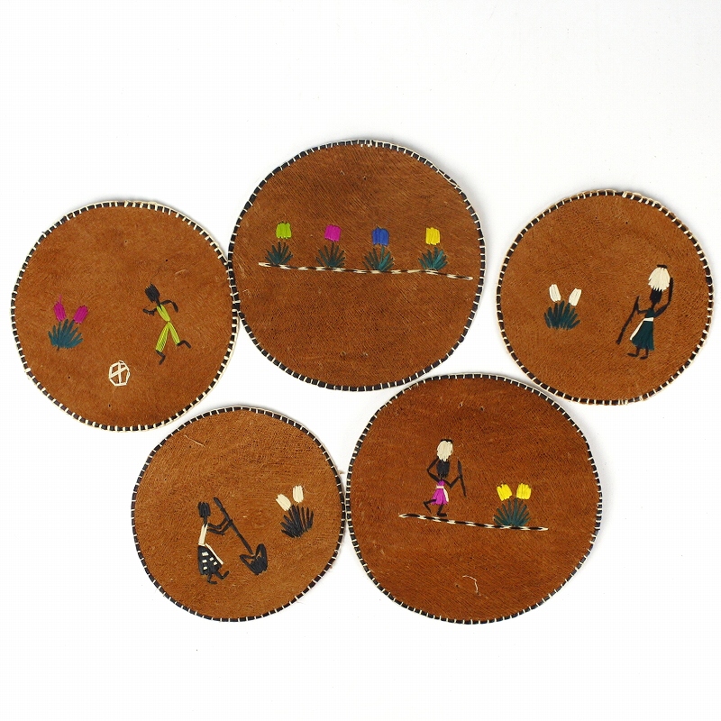 バーククロス ラフィア刺繍コースター 大 アソート
