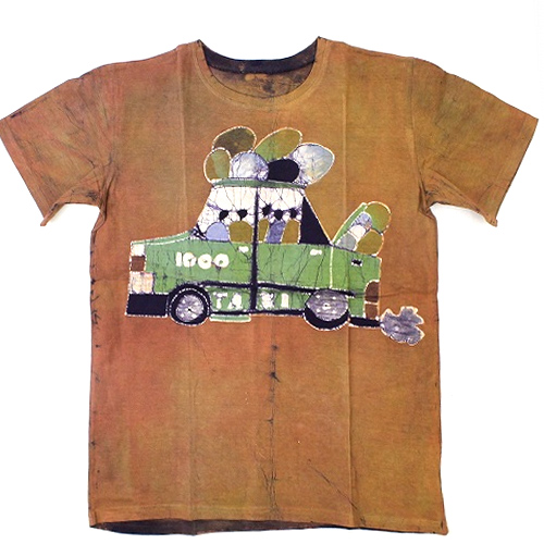 バティックTシャツ L タクシー赤茶