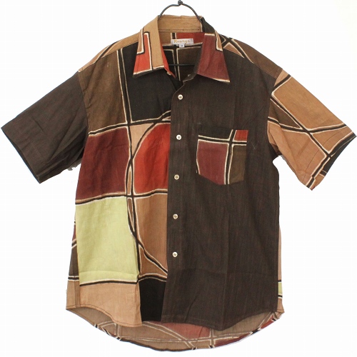 泥 藍染半そでシャツM  茶四角柄