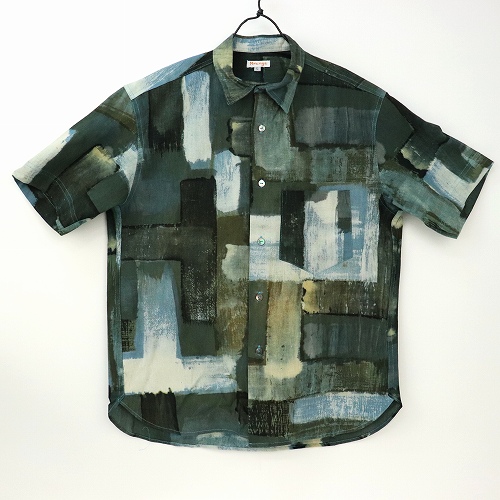 泥染半袖シャツL 緑藍かすり03