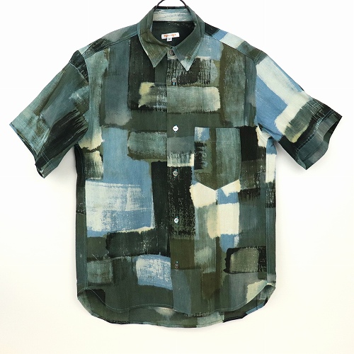 泥染半袖シャツM 緑藍かすり03