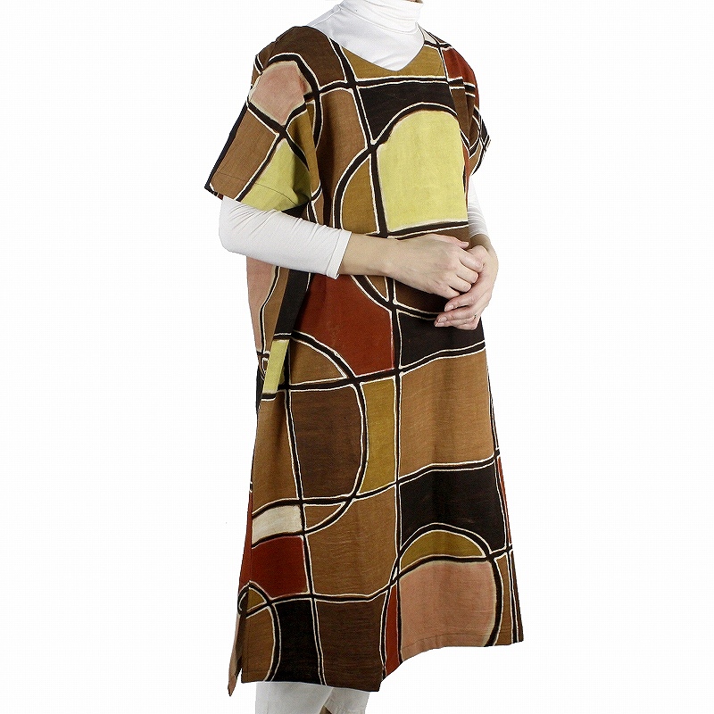 泥染フレンチスリーブワンピース 40茶円格子