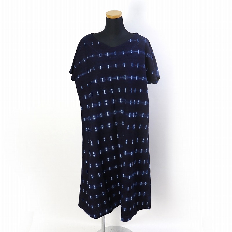 藍染フレンチスリーブワンピース 201縦短線