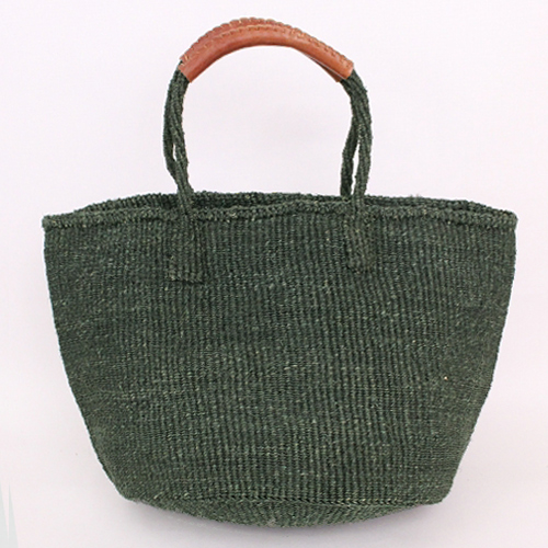 サイザルバッグ共手無地12インチ ハンドル革巻き ダークグリーン