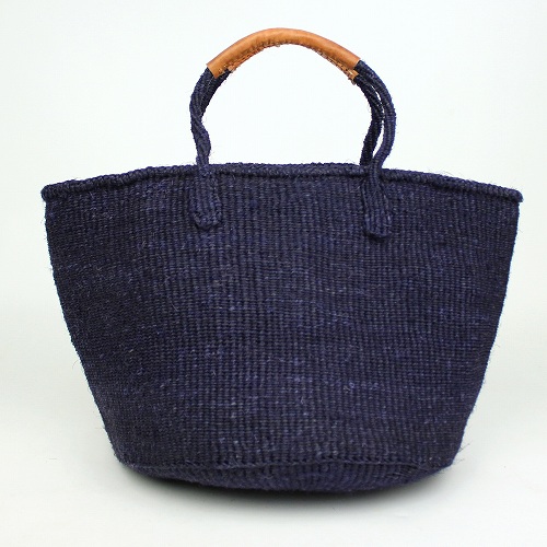 サイザルバッグ共手無地12インチ ハンドル革巻き　濃紺