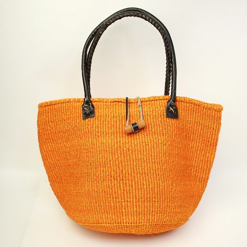 サイザルバッグ無地手提げ 木留めハンドル黒皮結 68オレンジ