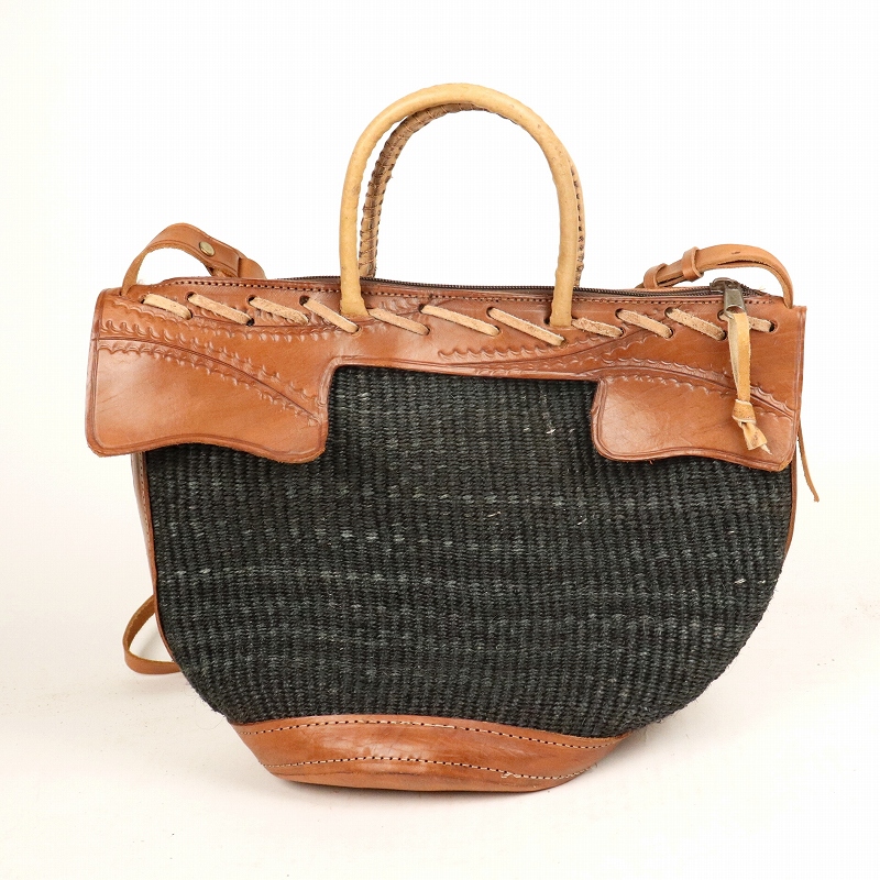 サイザル無地革ジッパー手提 ショルダー　小　01一点物