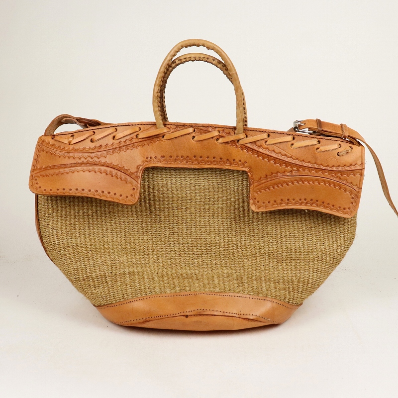 サイザル無地革ジッパー手提 ショルダー05　一点物