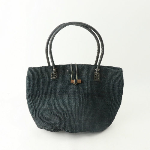 サイザル四角手提げ 牛革ハンドル 黒