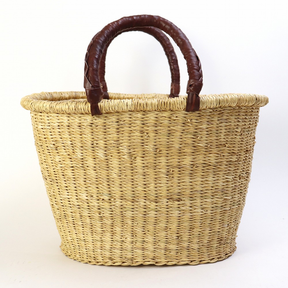 ブルキナバスケット 楕円革取手 M 無地 焦げ茶ハンドル