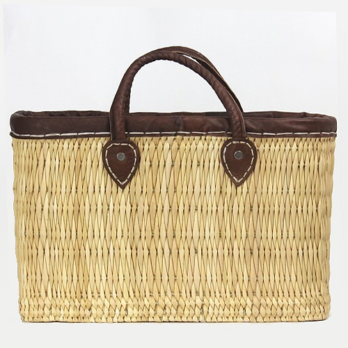 ストロー手提げ 革縁革手 M 焦げ茶