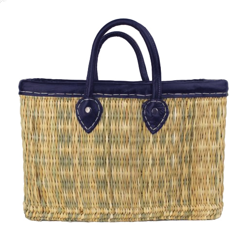 ストロー手提げ 革縁革手 M 紺