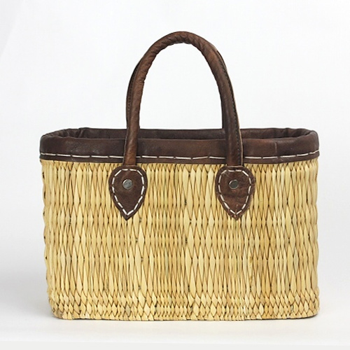 ストロー手提げ 革縁革手 S 焦げ茶