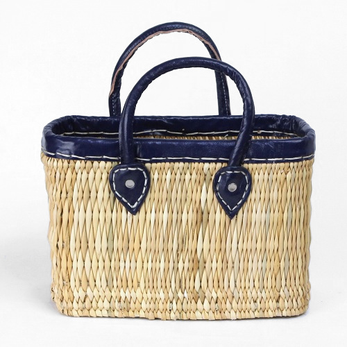 ストロー手提げ 革縁革手 S 紺