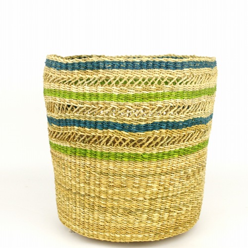 ボルガインテリアカゴ 上透かし編みボーダー 中 黄緑xターコイズ