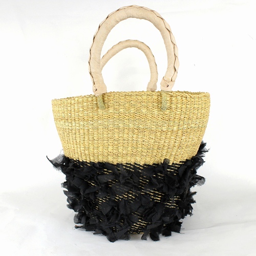 ボルガ2トーン縦長かご 下フリンジ黒 ハンドル革ナチュラル