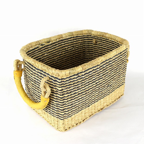 ボルガ四角かご ボーダー 小 黒 ハンドル革黄