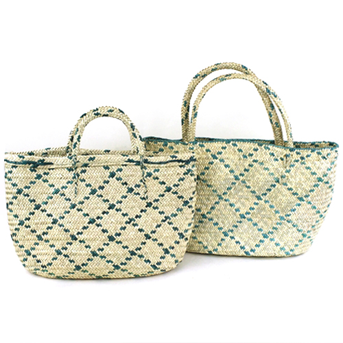 アガデスマルシェかご 小 格子柄 ナチュラルx緑