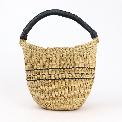 ボルガバスケット丸底 貝フォルム ラインドッド柄 ワンハンドル 黒革 ナチュラル