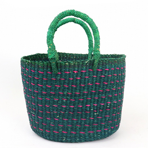 ボルガ楕円底バスケット ドッド柄 緑ピンク 小