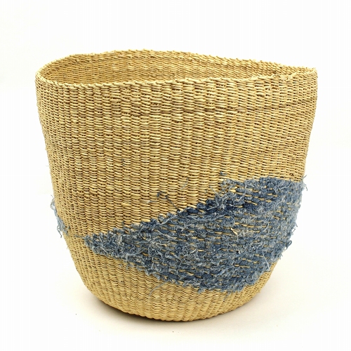 ボルガ丸底カゴ ダイヤ柄インディゴ古布ミックス　サックス