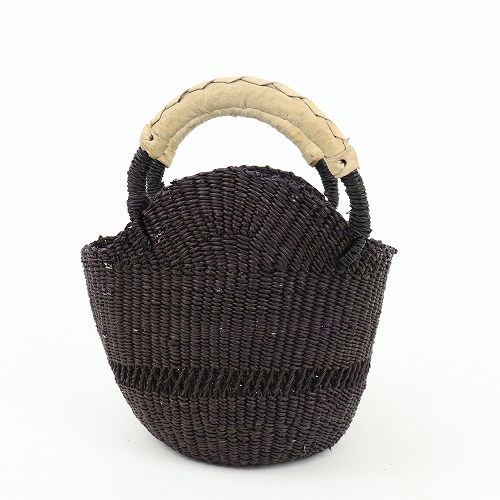 ボルガミニバスケット丸底 貝フォルム 1本透かし 黒 ナチュラル革ハンドル