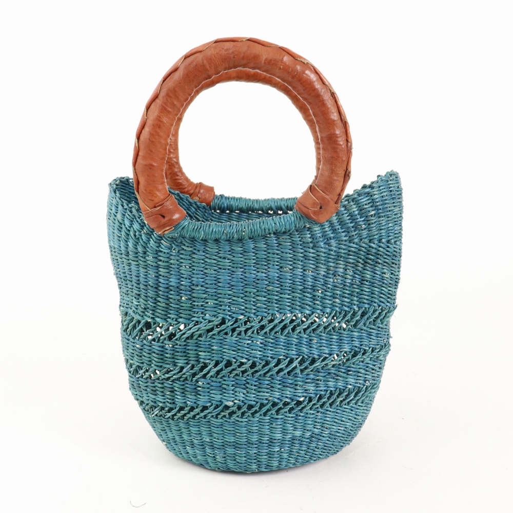 ボルガ丸底ニケフォルムミニバスケット 3透かし ターコ 赤茶革ハンドル