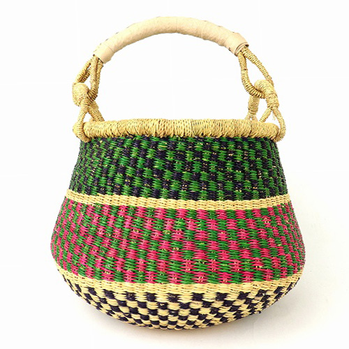 ボルガつぼ型カゴ ピンク黄緑紺 ナチュラル革ハンドル