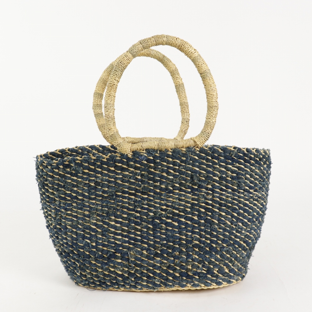 ボルガ楕円底バスケット インディゴ古布ミックス 水草ハンドル