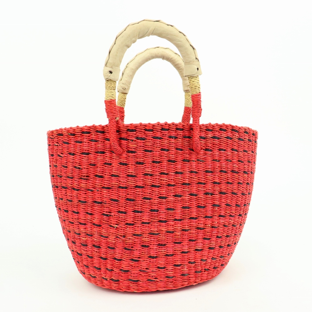 ボルガ楕円底バスケット ドッド柄 赤黒 小 ナチュラル革ハンドル