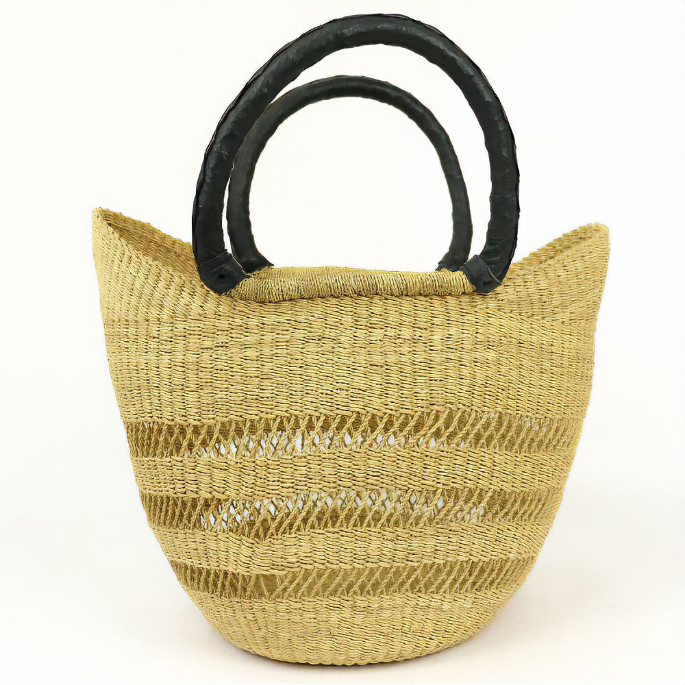 ボルガバスケット 丸底 ニケ 透かし ナチュラル 黒革ハンドル(革部分35CM)