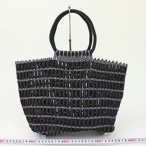 ナイロンバッグ ストライプ格子柄 丸ハンドル 黒グレー 21SS一点 @10000→8000