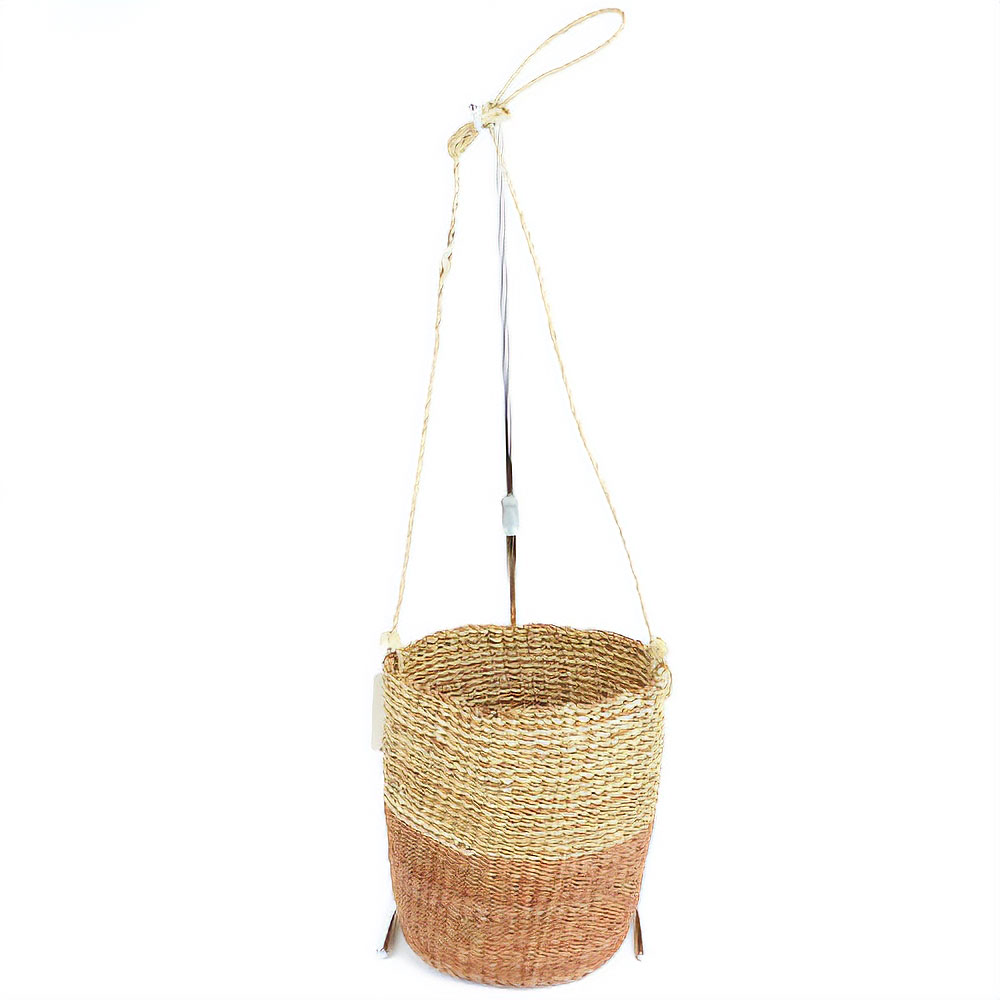 ボルガバスケット 丸底 2トーンストライプ 革ショルダー サーモン